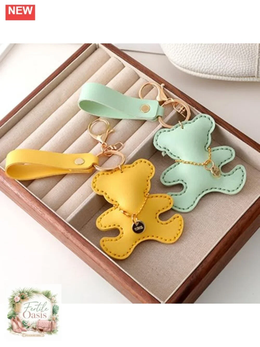 Hand-Sewn Faux Leather PU Bear Keychain Charm Purse Bag Accessory Car